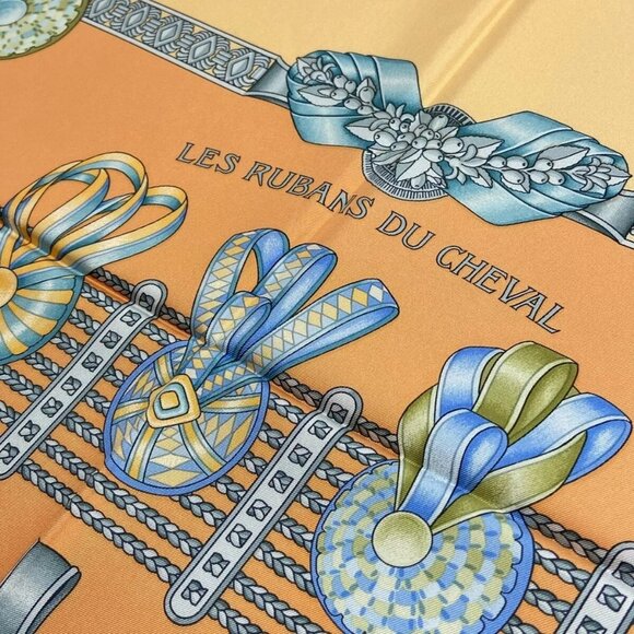 Auth HERMES Carre 90 - Orange Light Blue Multi Scarf - Picture 6 of 7